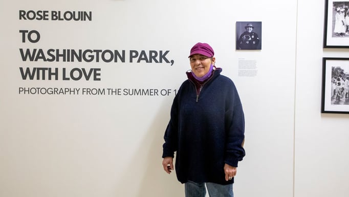 Rose Blouin in front of her exhibit "To Washington Park, With Love," at UChicago Medicine, April-July 2022.