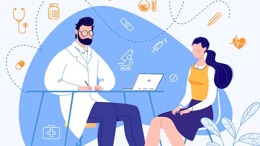 Illustration of doctor in white coat with laptop consulting with patient