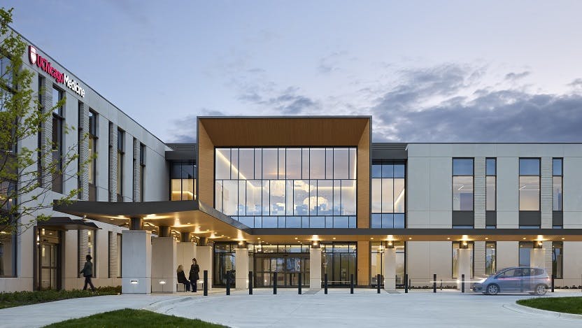 view of the entrance of UChicago Medicine Crown Point at dusk