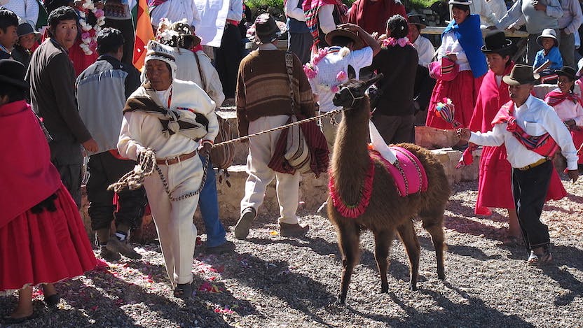 A traditional Aymara ceremony in Copacabana, on the border of Lake Titicaca in Bolivia.