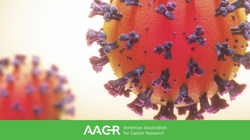 A 3D render of the coronavirus over the AACR logo.