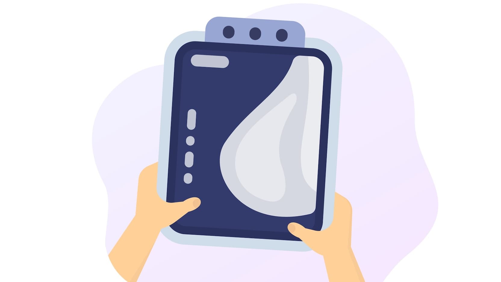 Illustration of hands holding image of a breast scan