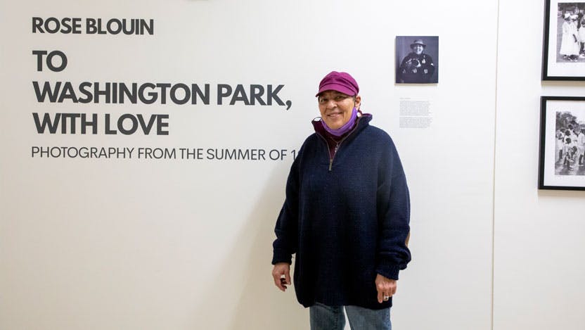 Rose Blouin in front of her exhibit "To Washington Park, With Love," at UChicago Medicine, April-July 2022. 