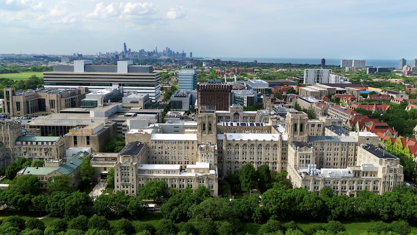 Aerial drone photo of UChicago Medicine's Hyde Park campus on Chicago's South Side