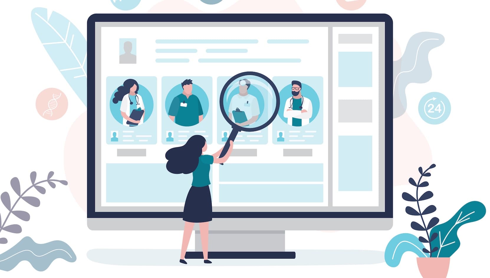 illustration of woman with a magnifying glass searching for a doctor
