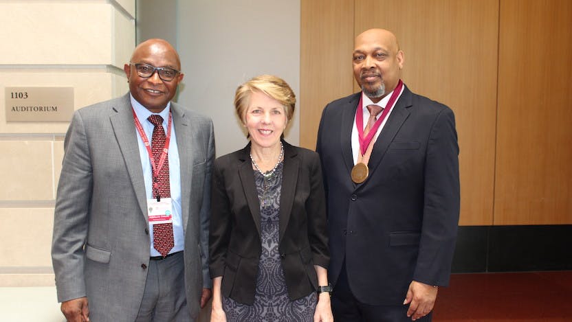 (Left to right) Kunle Odunsi, MD, PhD, director of the University of Chicago Medicine Comprehensive Cancer Center (UCCCC); M. Eileen Dolan, PhD, deputy director of the UCCCC; and Shubitz Prize winner John Carpten, PhD, of the University of Southern California Norris Comprehensive Cancer Center
