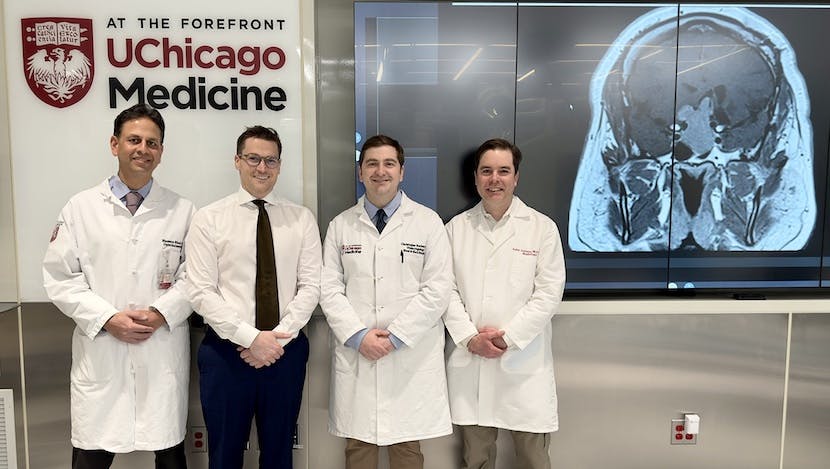 UChicago Medicine’s skull base team poses. UChicago Medicine’s team from left, Hassan Shah, MD, Sean Polster, MD, Christopher Roxbury, MD, and John Collins, MD, PhD.