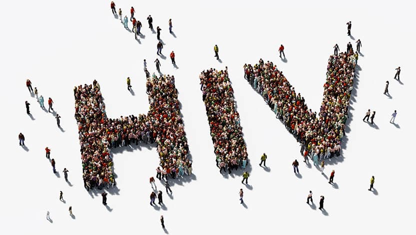 Human crowd forming a HIV text on white background.