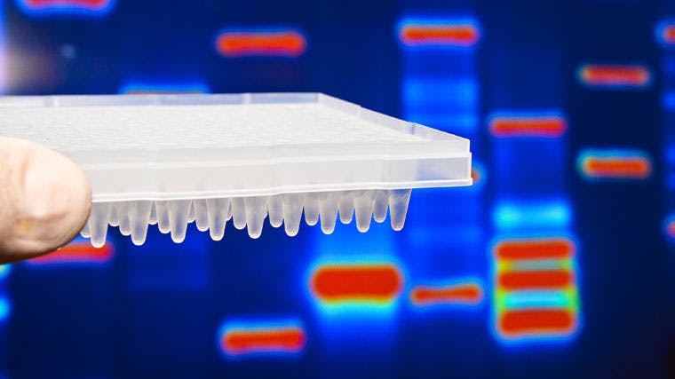 specimen tray with DNA schematic in background